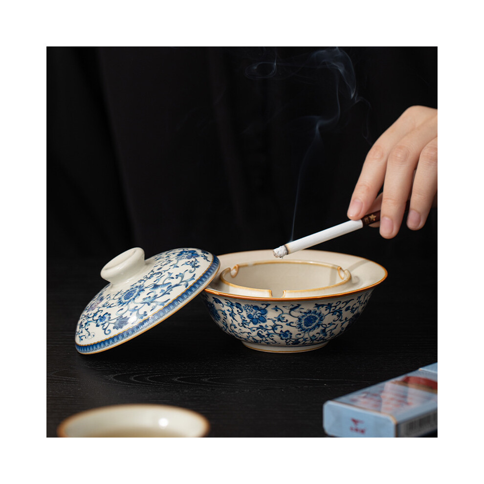 Ashtray with Lid, Blue and white in Ru kiln, Windproof Ashtrays for Cigarettes, Ceramic Decoration for Home Office Cafe Garden Patio