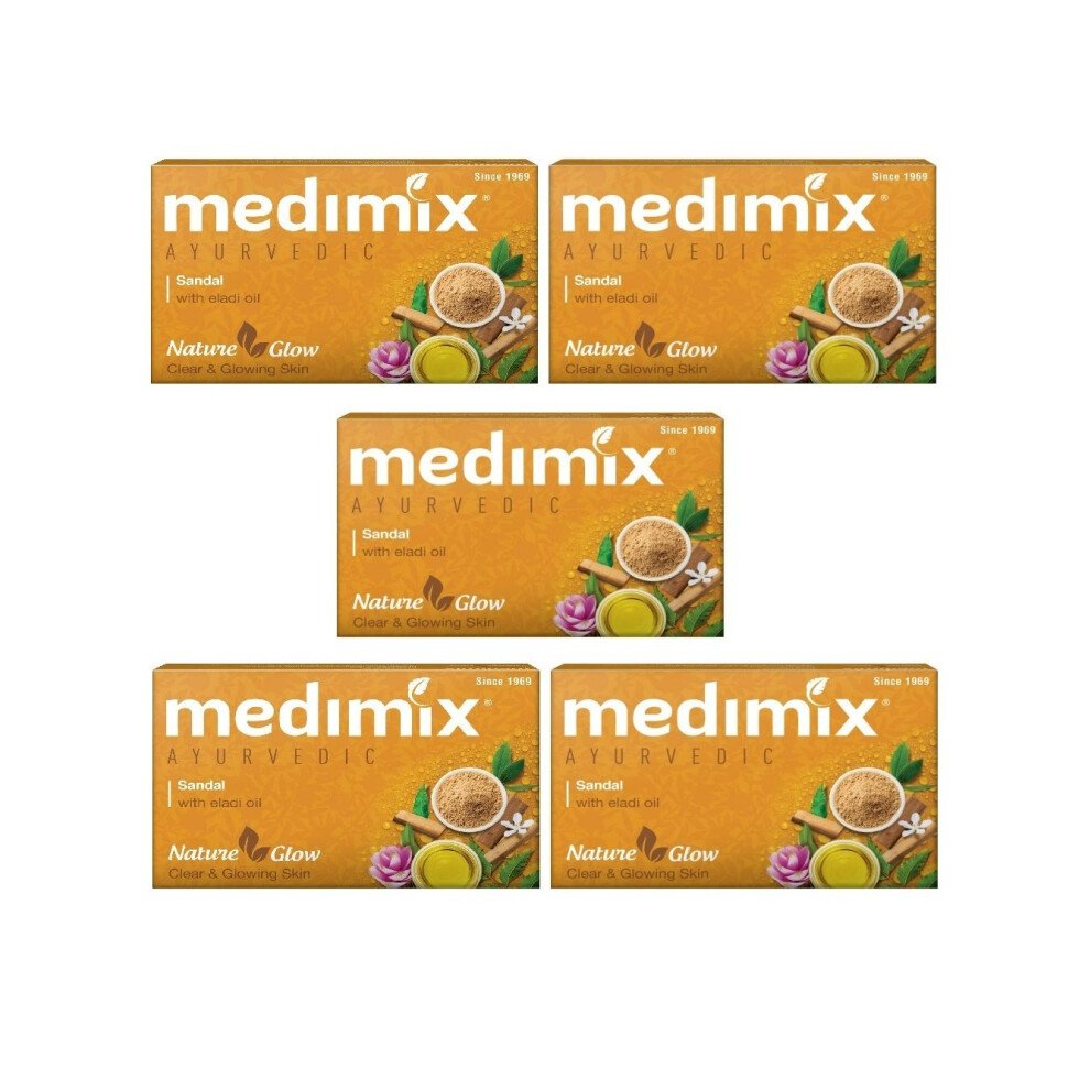 Medimix Ayurvedic Sandal with Eladi Oil Bath Soap, Natural Cleanse for Soft, Smooth Skin - 125gm x 5