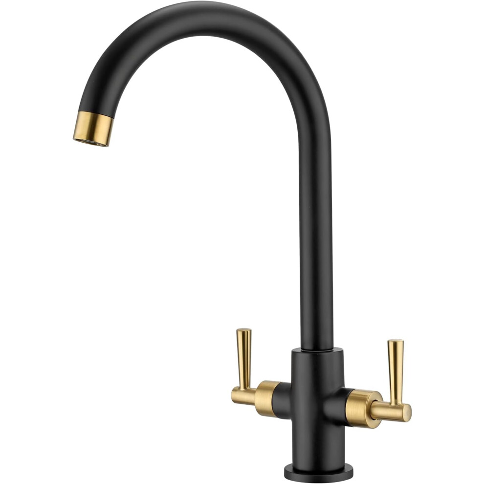 (Black gold) Kitchen Tap Dual Lever Monobloc Kitchen Mixer Taps 1 Hole Matt Black and Brushed Gold Kitchen Sink Taps Twin Lever Swan Neck Kitchen Sink Mixer Tap