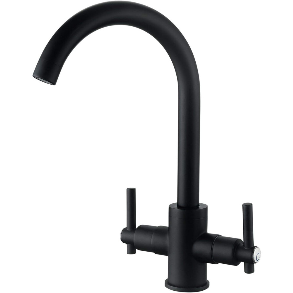 (Black) Black Kitchen Sink Taps Mixers Dual Lever Monobloc Swivel Spout Matt Black Kitchen Taps Mixer 1 Hole Twin Lever Kitchen Faucet Hot Cold Water Mixer
