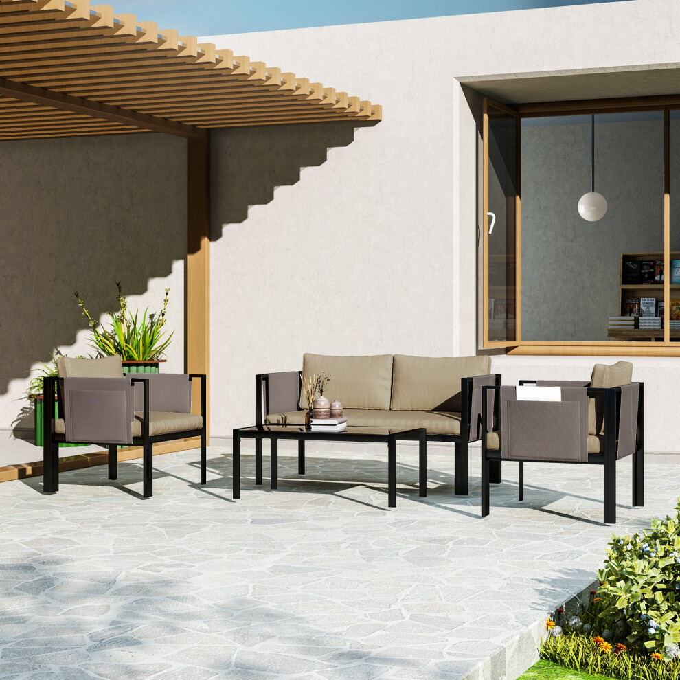 Outsunny 4 Piece Garden Sofa Set W/ Tempered Glass Coffee Table Khaki Brown