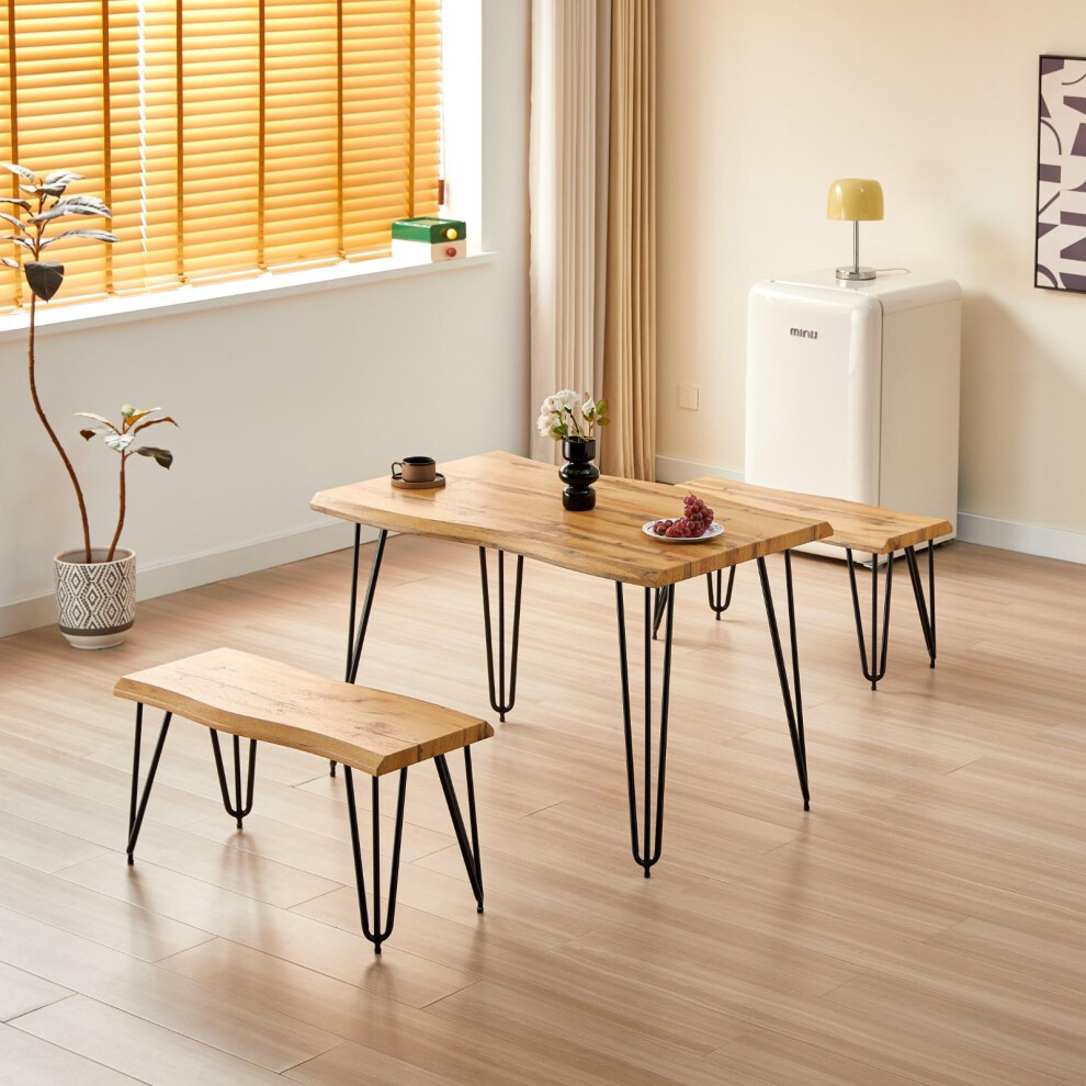 Wooden Dining Table and 2 Benches Set With Metal Hairpin Legs