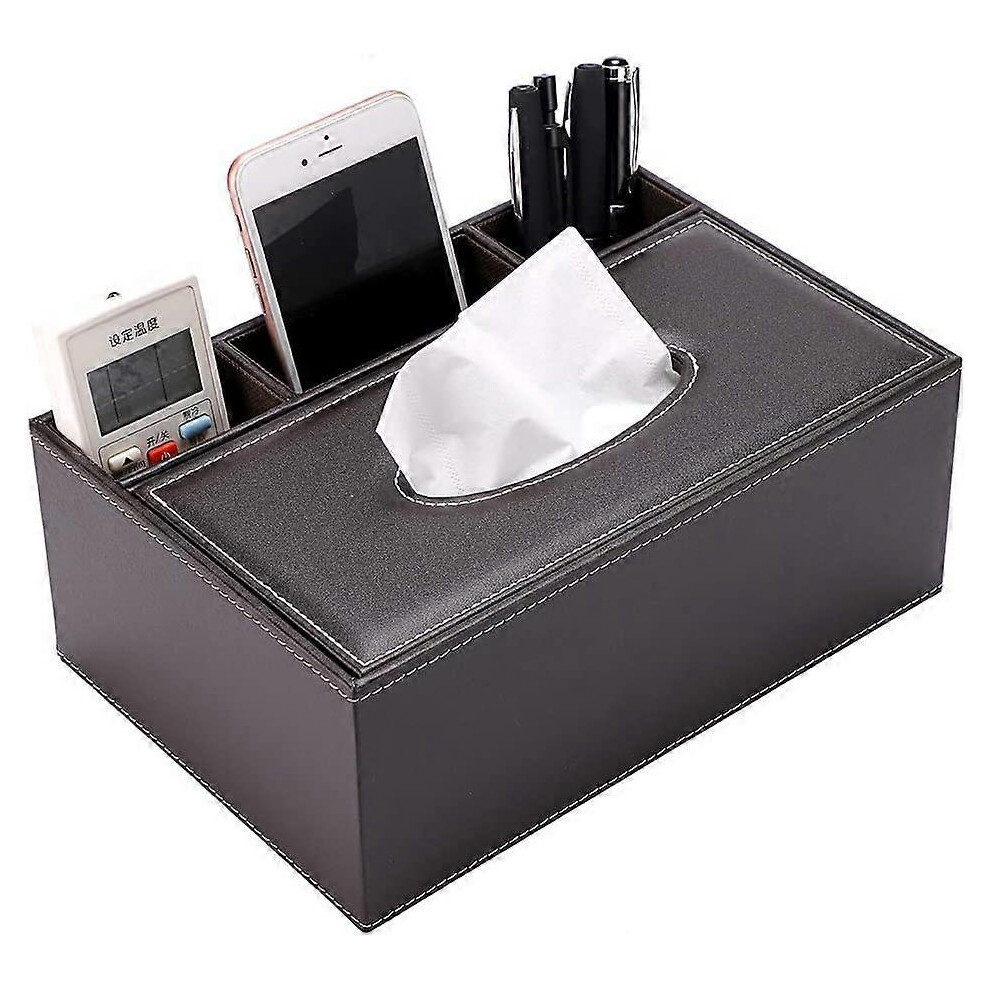 Konhill (As Show, One Size) Pu Leather Rectangular Tissue Box Cover - Multifunctional Tissue Box Holder With Stationery Remote Control Box, Decorative Tissue
