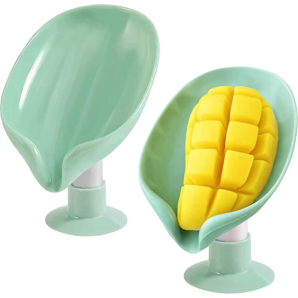 (As show, One size) 2 PCS Bar Soap Holder, Not Punched Easy Clean Soap Dish for Shower, Leaf Shape self draining soap Holder with Suction Cup Creative-image-OPC-PG8M9NV-NEW