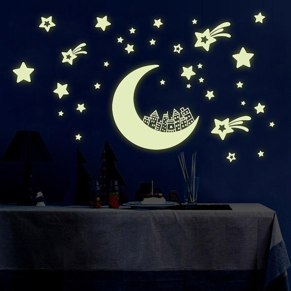 (As Show, One Size) Glow In The Moon Star Wall Stickers For Kids Room 2 Pcs,Luminous 3D Self-Adhesive Diy Removable Wall Sticker Fluorescent For Dark Fitville