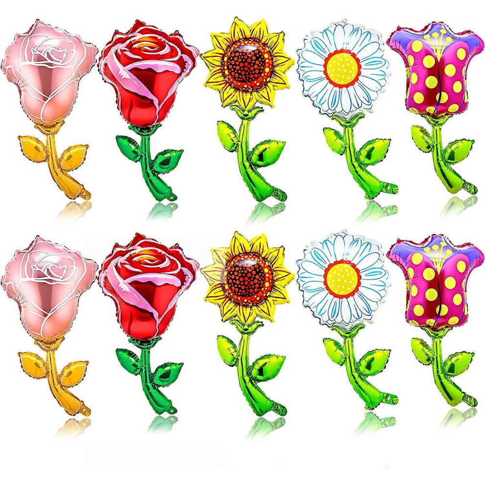 Konhill (As Show, One Size) Other Garden Decorative 10Pcs Flower Balloons Foil Balloon Spring Summer Floral Balloon Sunflower Daisy Pink Rose Red Rose Tulip F Pink,Red