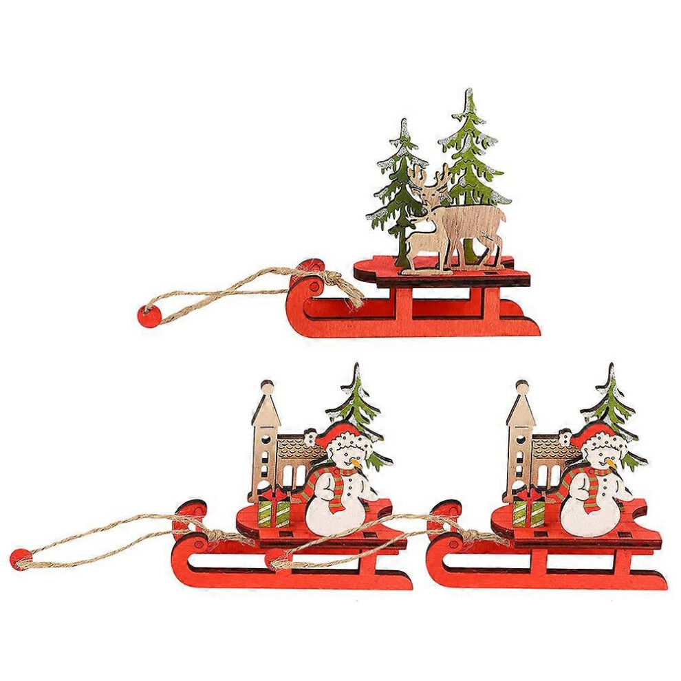 Kricely (As Show, One Size) 3Pcs Christmas Sled Ornament Miniature Wooden Sled Vintage Holiday Sleighs Xmas Hanging Pendant