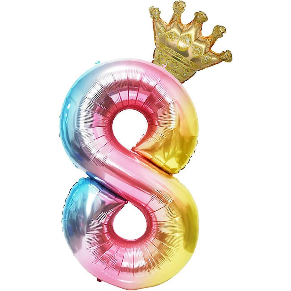 Konhill (As Show, One Size) Other Garden Decorative 100Cm Rainbow Number 8 Balloons With Detachable Crown Colorful Digital Helium Foil Birthday Decorations Fo