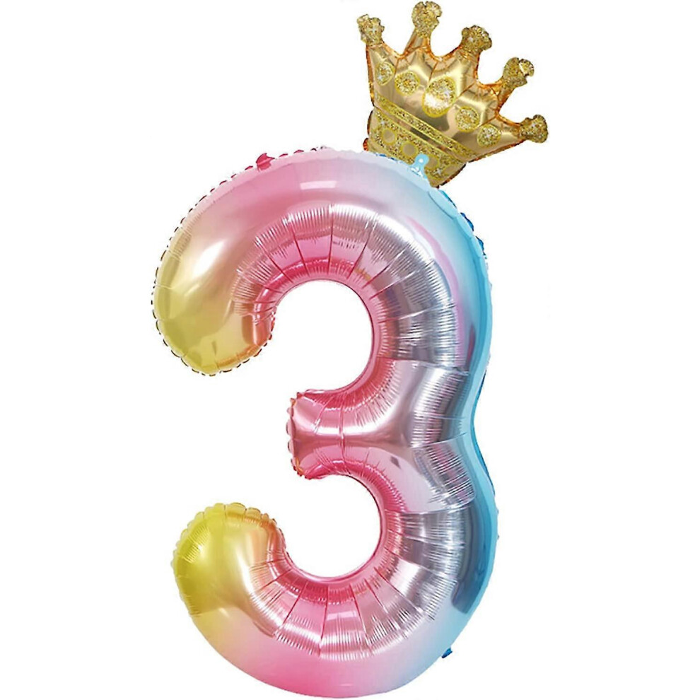 Konhill (As Show, One Size) Other Garden Decorative 100Cm Rainbow Number 3 Balloons With Detachable Crown Colorful Digital Helium Foil Birthday Decorations Fo