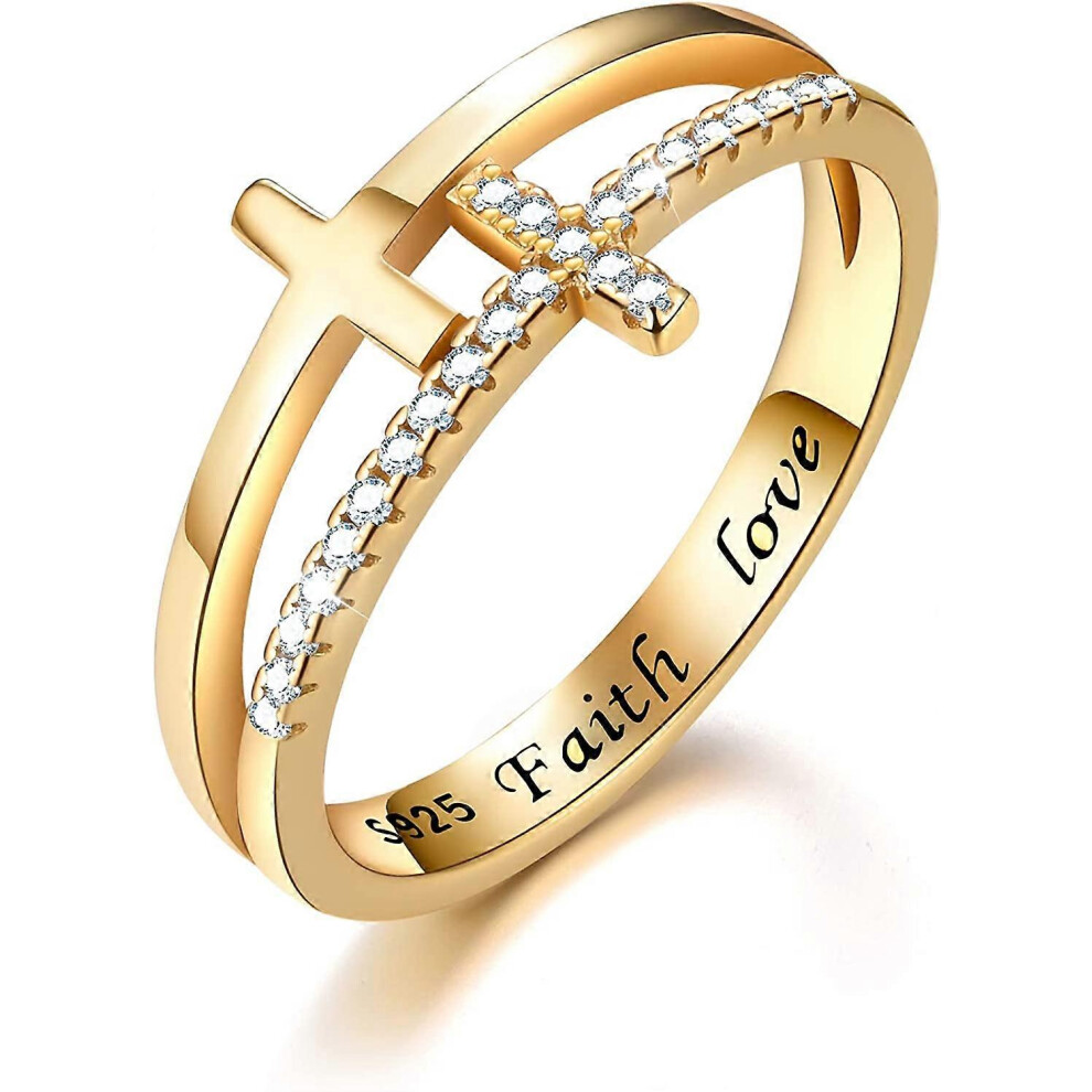 Konhill (As Show, One Size) 18K Gold Plating 925 Sterling Silver Ring Cubic Zirconia Double Cross Rings Simulated Diamond Cz Rings Gifts For Women Girls Mom M Silver,Gold