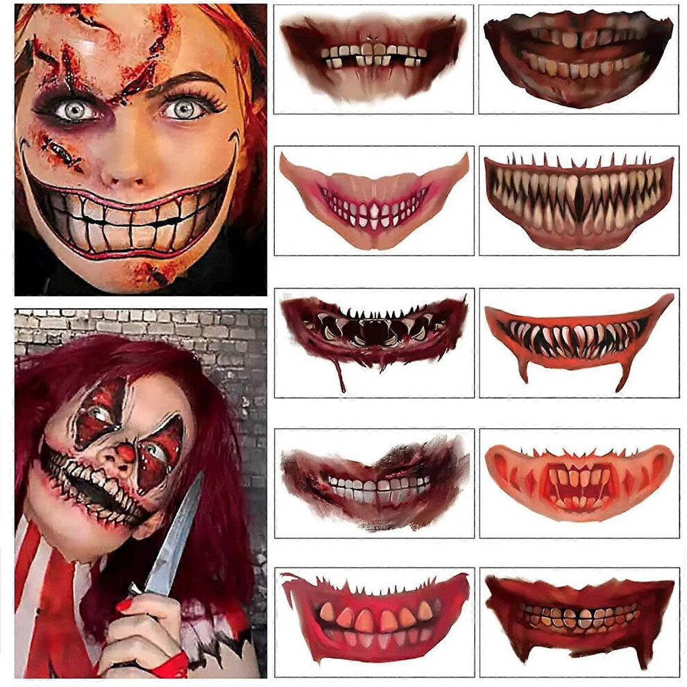 Konhill (As Show, One Size) 10 Sheets Halloween Tattoo Stickers, Realistic Terror Fake Bloody Wound Stitch Face Chest Scar Scab Waterproof For Halloween Masqu