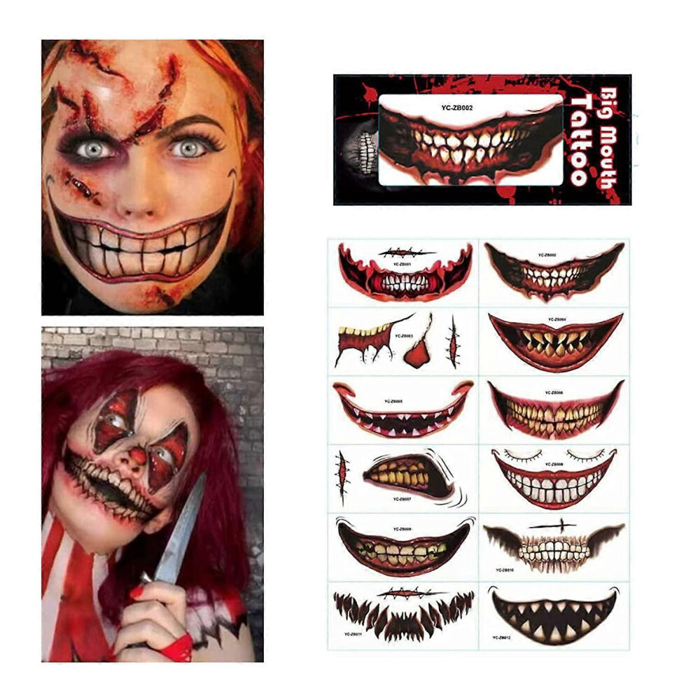 Konhill (As Show, One Size) Halloween Prank Makeup Temporary Tattoo, Scary Big Mouth Face Tattoos Decals Kits Prank Props For Halloween Masquerade Cosplay Par