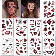 (As show, One size) Halloween Face Tattoos Makeup Kit (9 Pack), 3D Day of the Dead Bleeding Wound Fake Scar Blood Pack Vampire Bite Bullet Joker Tattoo for Party Cosplay