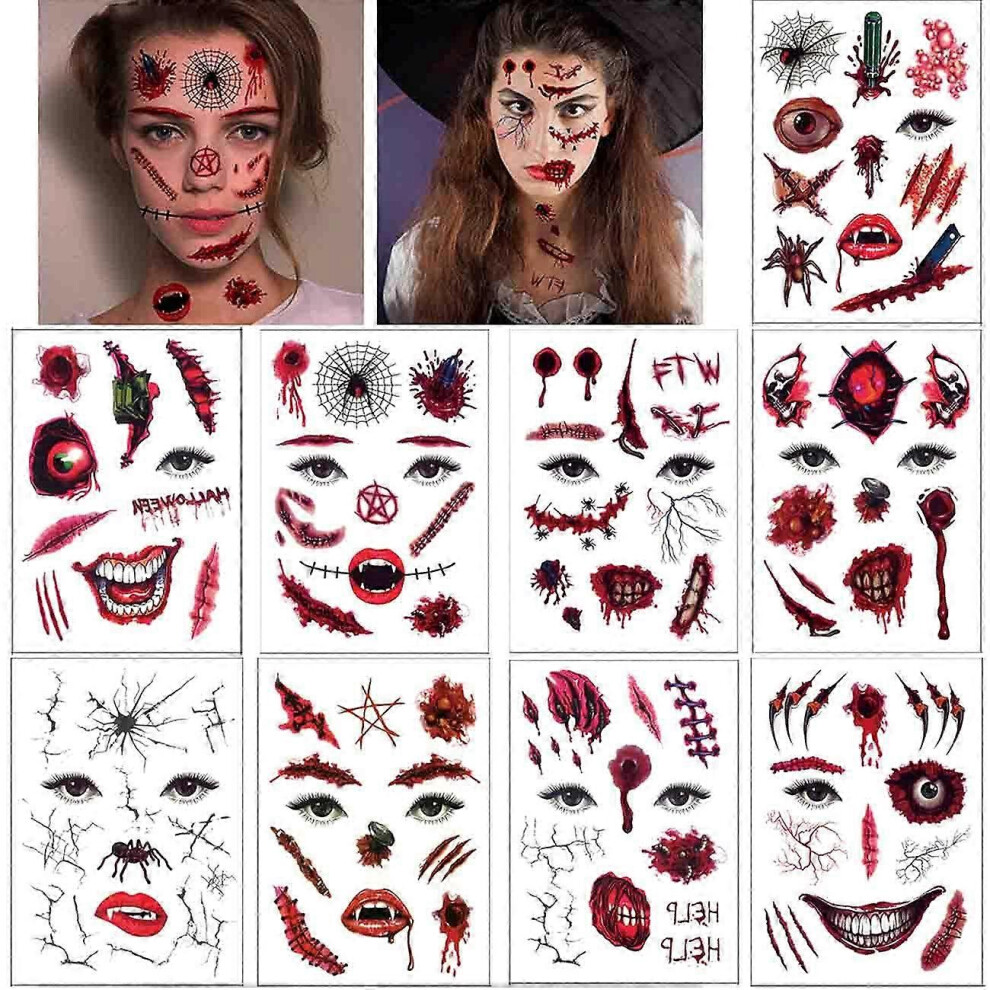 Konhill (As Show, One Size) Halloween Face Tattoos Makeup Kit (9 Pack), 3D Day Of The Dead Bleeding Wound Fake Scar Blood Pack Vampire Bite Bullet Joker Tatto