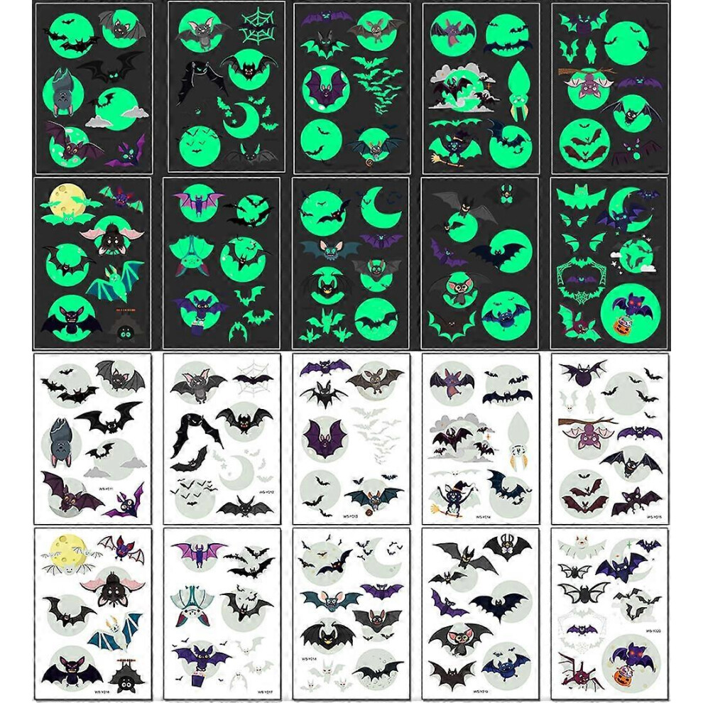 Konhill (As Show, One Size) Temporary Tattoo Kit, 100 Pcs Halloween Waterproof Body Stickers Glow In The Luminous Face Fake Tattoos Decorations, 3D Hall Dark