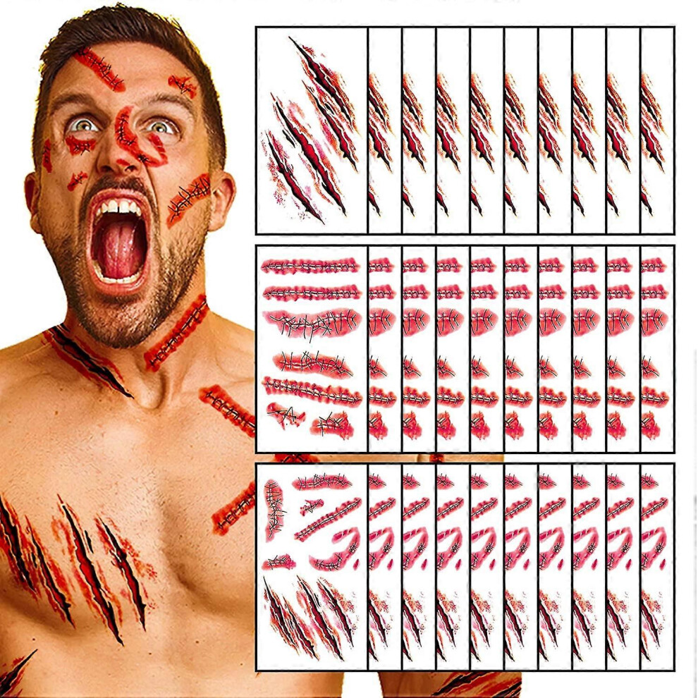 Konhill (As Show, One Size) 30 Sheets Halloween Temporary Tattoos, Horror Stitch Scar Scab Zombie Makeup Tattoos Stickers, Realistic Bloody Fake Wound For Hal