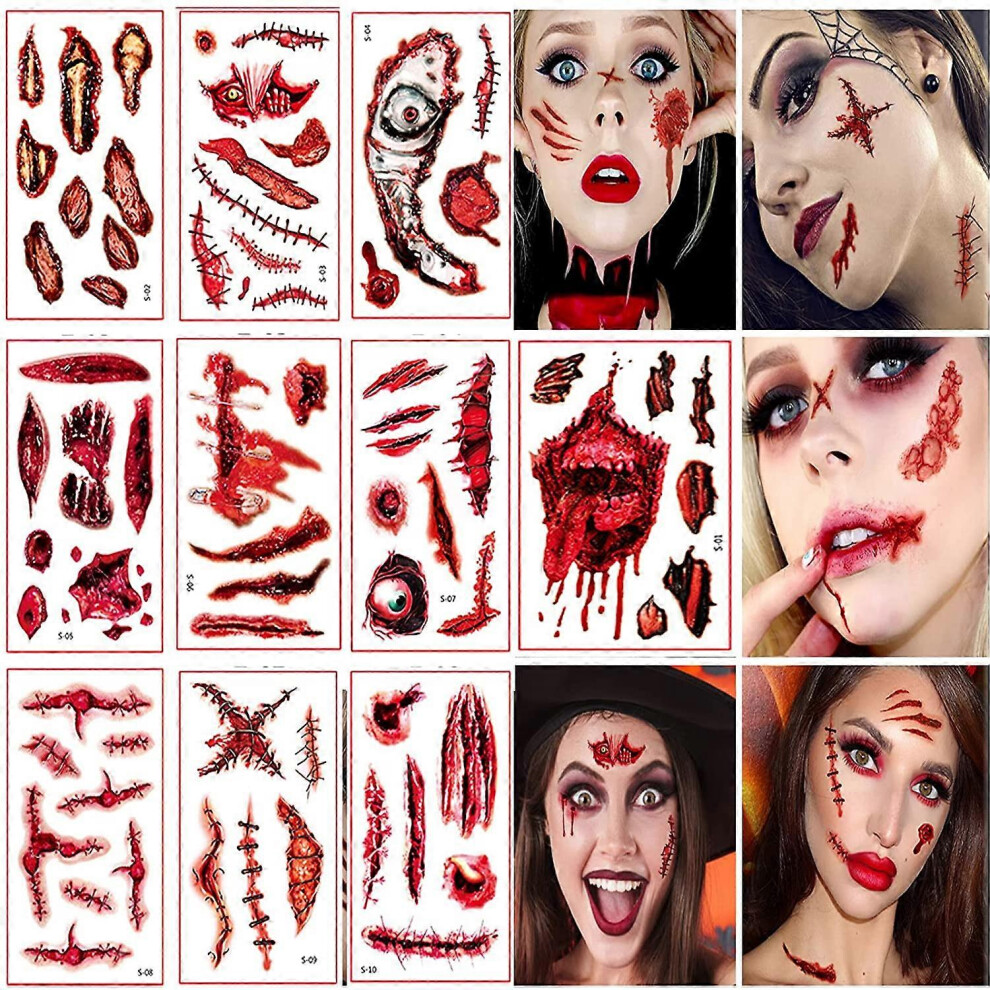 Konhill (As Show, One Size) 10 Sheets Halloween Tattoo Stickers, Realistic Terror Fake Bloody Wound Stitch Face Chest Scar Scab Waterproof For Halloween Masqu