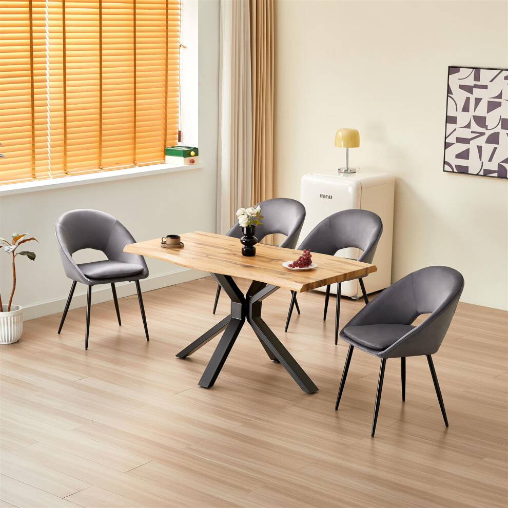 Wooden Dining Table with X-Shaped Iron Legs and 4 Grey Velvet Chairs