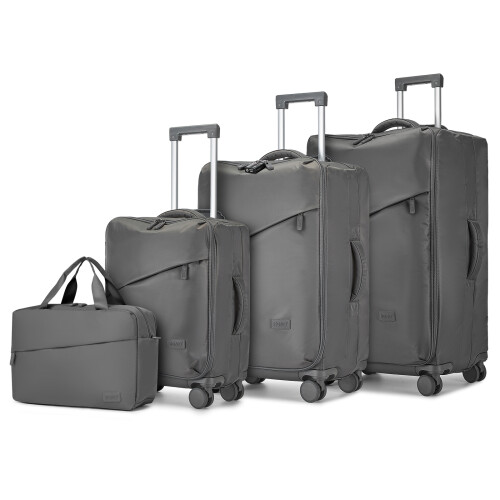 (Grey) Total 4PCS Lightweight Durable Soft Shell Suitcase Set And A Travel Bag