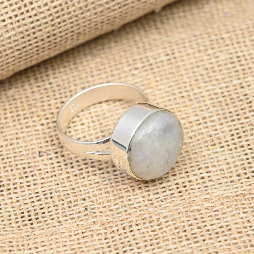 (Blanc, 8) Pierre de lune arc-en-ciel, bijoux faits à la main, bague en argent sterling 925