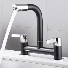 Sink Mixer Taps 2 Hole Dual Lever 360 Swivel Basin Lever Taps Deck Mounted Kitchen Mixer Black Faucet Spout
