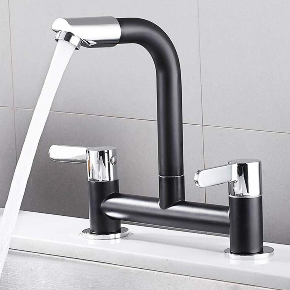Sink Mixer Taps 2 Hole Dual Lever 360 Swivel Basin Lever Taps Deck Mounted Kitchen Mixer Black Faucet Spout
