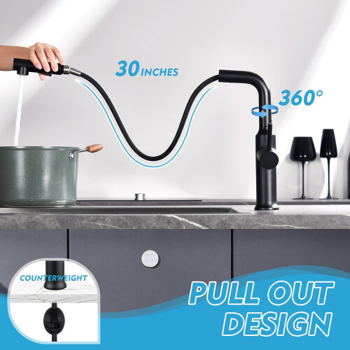 (Matte Black) Kitchen Tap with Pull Out Sprayer, Kitchen Mixer Tap with Dual Function Sprayer, 360 Swivel Single Handle Kitchen Sink Tap, 1