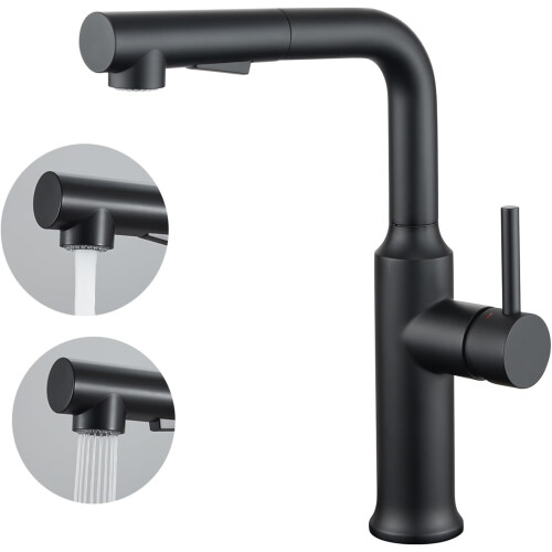 (Matte Black) Kitchen Tap with Pull Out Sprayer, Kitchen Mixer Tap with Dual Function Sprayer, 360 Swivel Single Handle Kitchen Sink Tap,