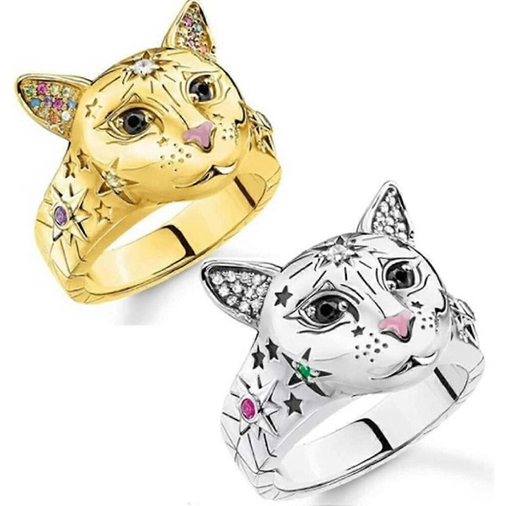 Konhill (As Show, One Size) Cat Ring,Retro Punk Kitty Catring For Women Girls Vintage Cat Animal Ring Classic Cat Sun Star Ring Iced Out Cat Kitten Head Ring