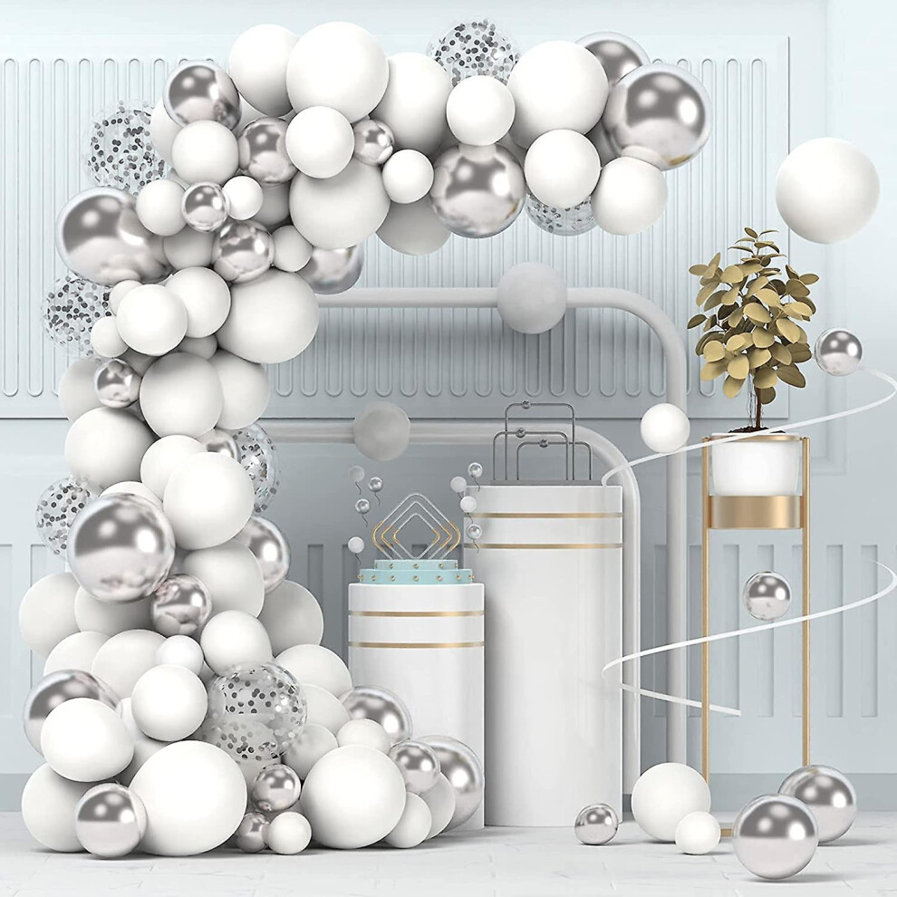 Konhill (As Show, One Size) Ornament And Decor White Silver Balloon Garland Kit, 100Pcs Chrome Metallic Silver And White Silver Confetti Balloons With Adhesiv White,Silver
