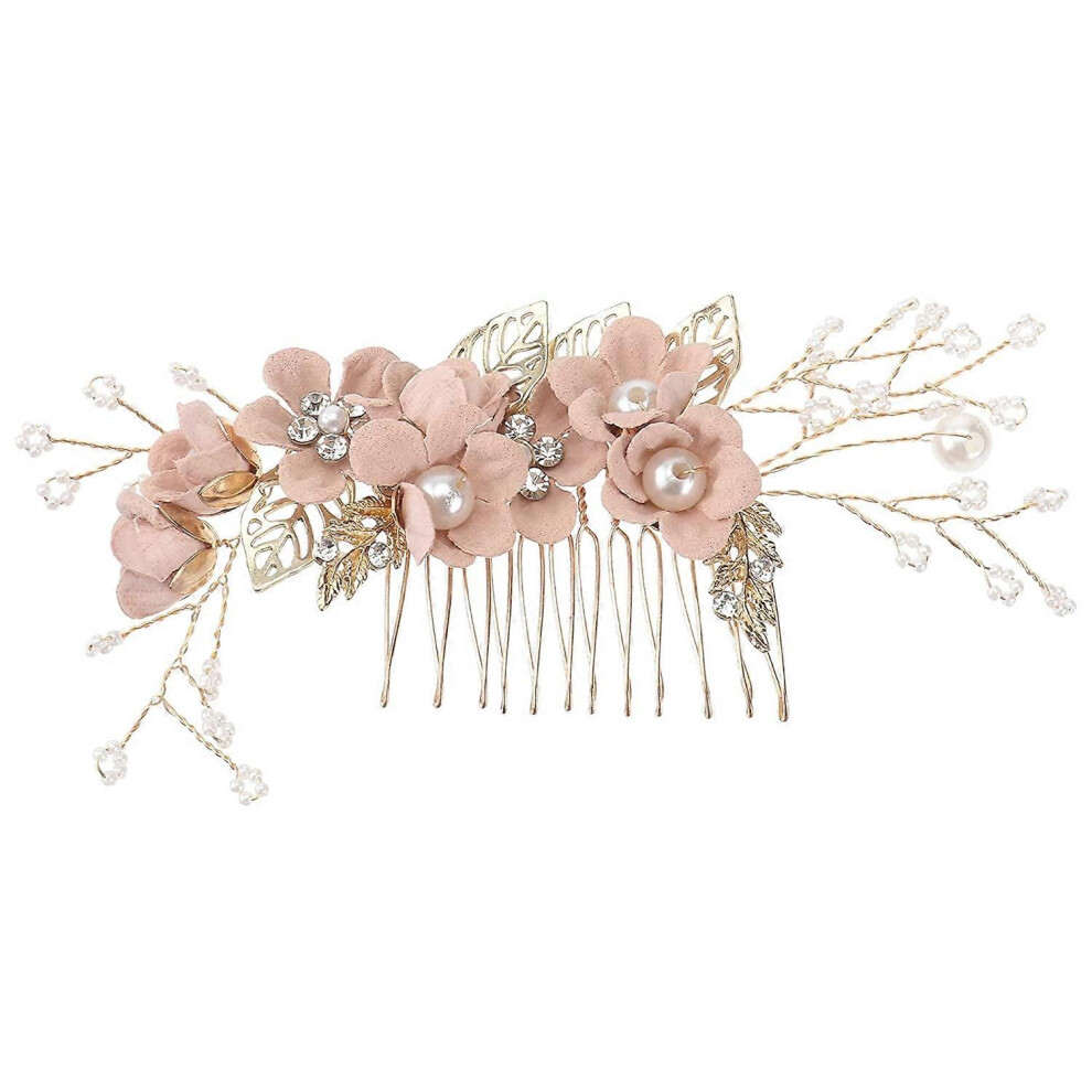 Konhill (As Show, One Size) Wedding Hair Comb Rhinestone Flower Clip Headdress Crystal Bridal Hair Accessories (Pink)