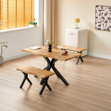 Wooden Dining Table and 2 Benches Set with X-Shaped Iron Legs