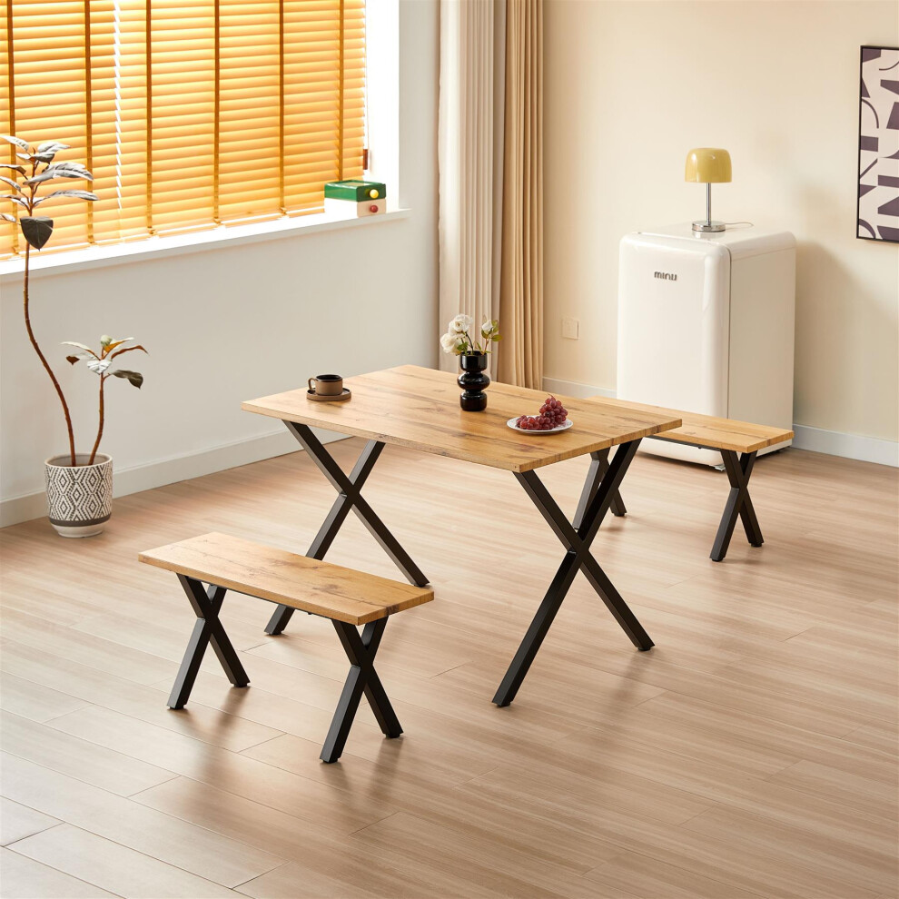 Dining Table and 2 Benches Set Brown Wooden With Metal Legs
