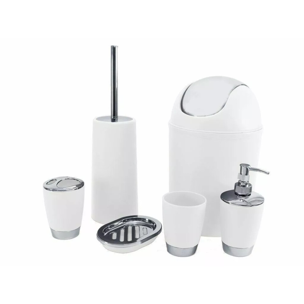 Kabalo White 6 Piece Bathroom Shower Accessory Set Bath Accessories - Bin, Soap Dispenser & Dish, Toilet Brush, Toothbrush Holder, Tumbler Cup