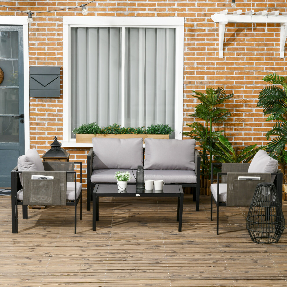 Outsunny 4 Piece Garden Sofa Set W/ Tempered Glass Coffee Table Light Grey Brown,Grey