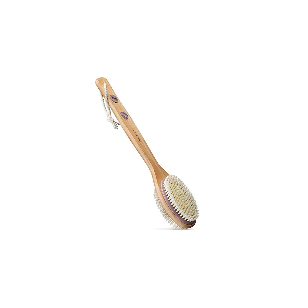 MainBasics Back Scrubber for Shower Long Handle Back Brush Dual-Sided with Exfoliating and Soft Bristles (Lavender, Wood)