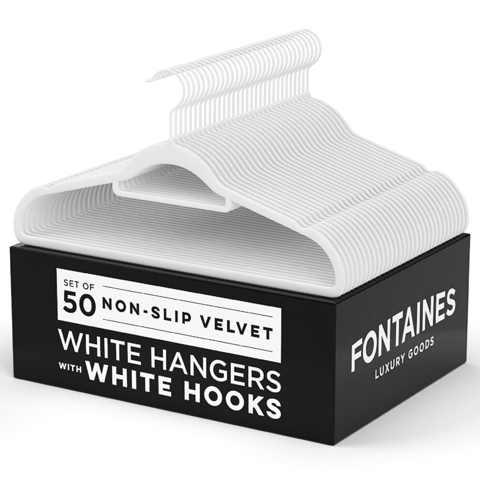Fontaines Luxury White Velvet Felt Non Slip Clothes Hangers 50 Pack -