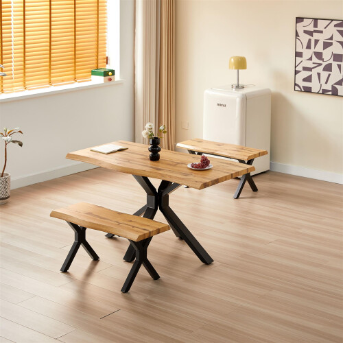Wooden Dining Table and 2 Benches Set with X-Shaped Iron Legs