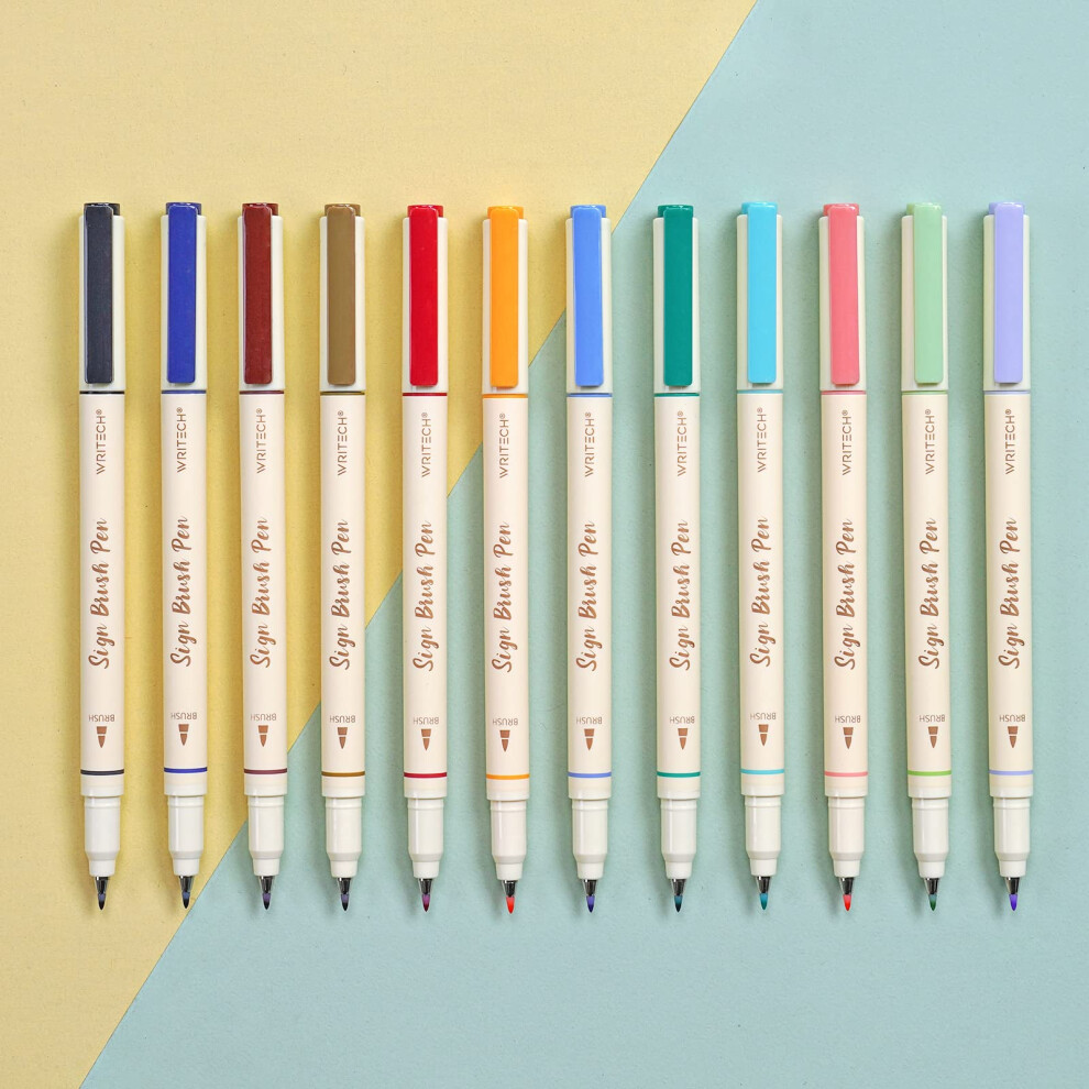 WRITECH Arts Sign Brush Pen Brush Tip Marker Felt Tip Water Based Ink Color Pens 12 Assorted Pastel Colors Great for Lettering, Journaling, Calligrap