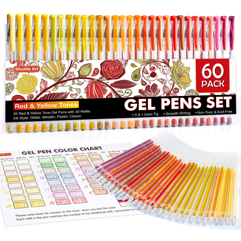 Shuttle Art 60 Pack Red Yellow Tone Gel Pens, 30 Red Orange Yellow Gel Pens with 30 Refills for Adults Coloring Books Journaling Drawing Nature, Land