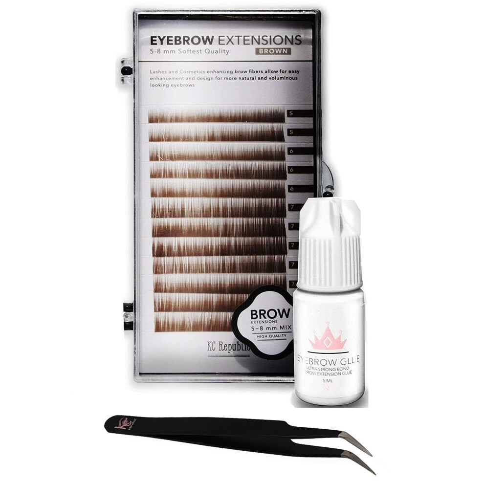 KC Republic Lash Eyebrow Extensions Kit with 1 x Trays of Mink False Eyebrows in Brown Comes on Mixed Length Trays 5-8 Mm Mix  Eyebrow Glue