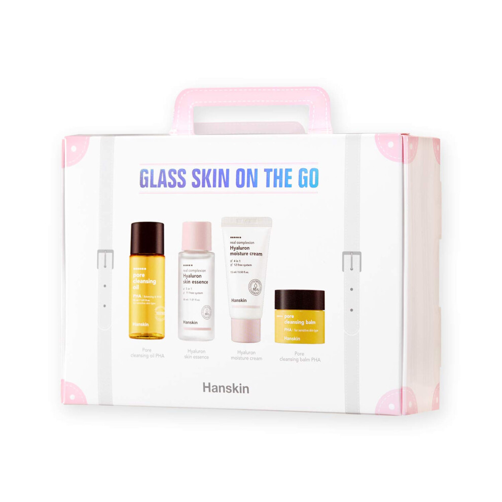 Hanskin Glass Skin On The Go Kit  Set of 4  Moisturizing Travel Friendly Hydrating Skincare Set for Glowing Skin  Cleansers  Skin Essence To