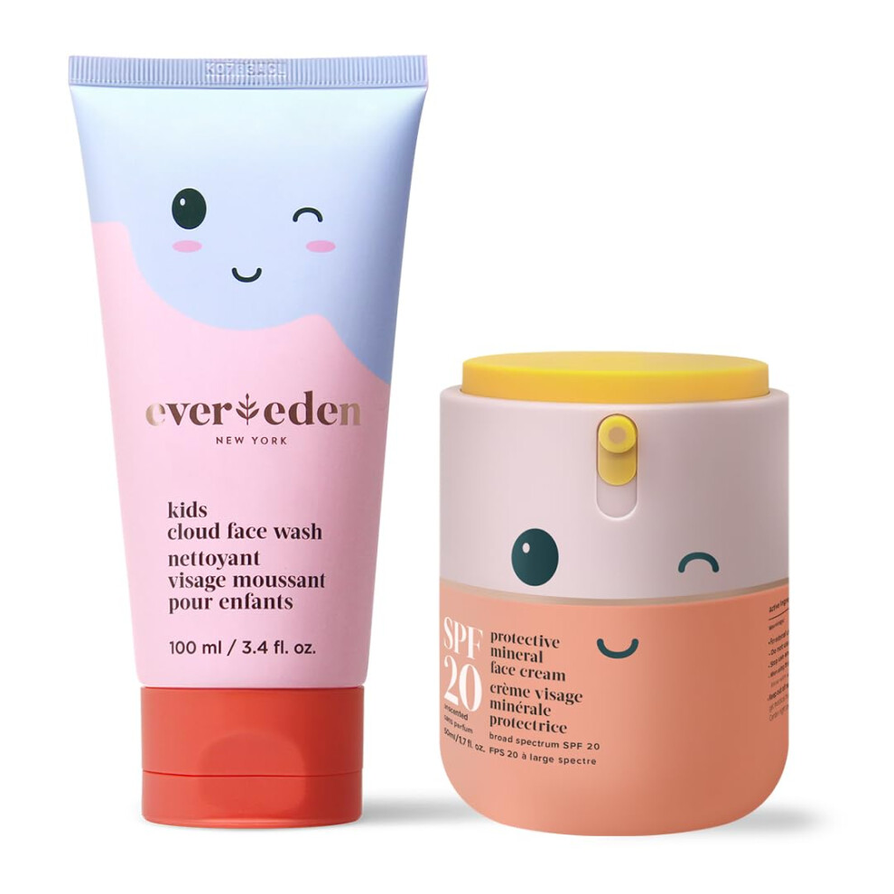 Kids Happy Morning DUO: Clean & Vegan Skin Care for Kids Bundle | Kids Skin Care Cloud Face Wash + SPF 20 Mineral Face Cream | Non-Toxic | N