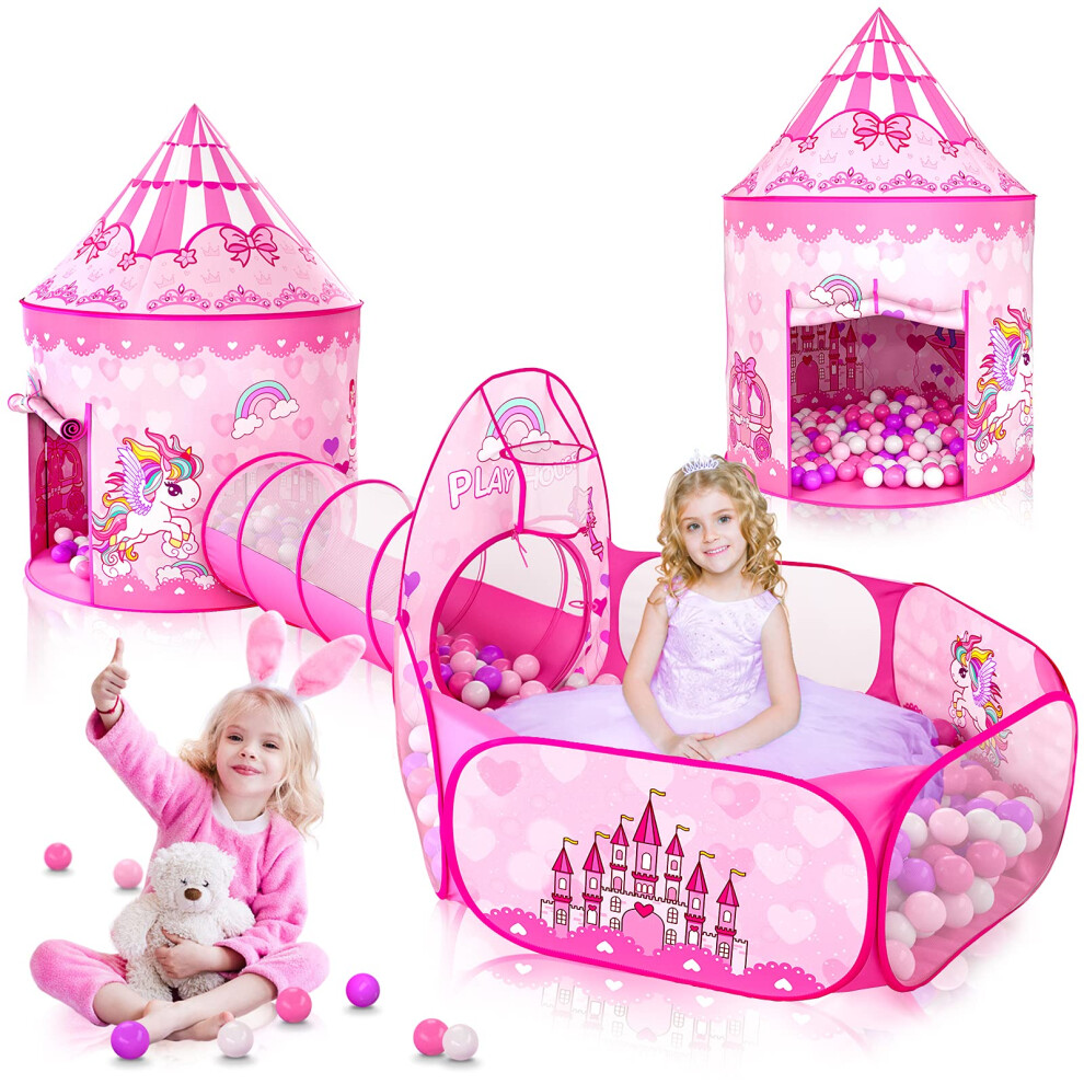 GeerWest 3PC Princess Tent for Girls with Kids Ball Pit and Crawl Tunnel for Toddlers, Pink Pop Up Playhouse Toys Indoor& Outdoor for Birthday Gifts-image-OPC-PDPP5PV-NEW