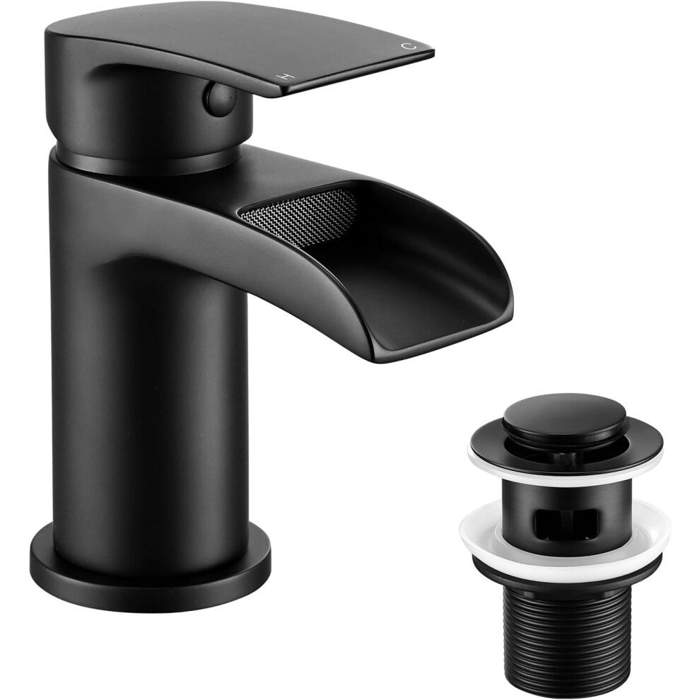 (Black, Basin Tap with Pop Up Waste) Black Basin Taps Waterfall Taps for Bathroom Sink, Matte Black Bathroom Taps Single Lever Mono Basin Mixer Tap Hot and Cold Bathroom Mixer Tap