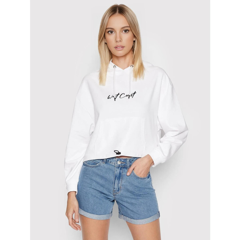 (White Black, XS) Ladies CroppedHoodie LongSleevePullover Sweatshirt