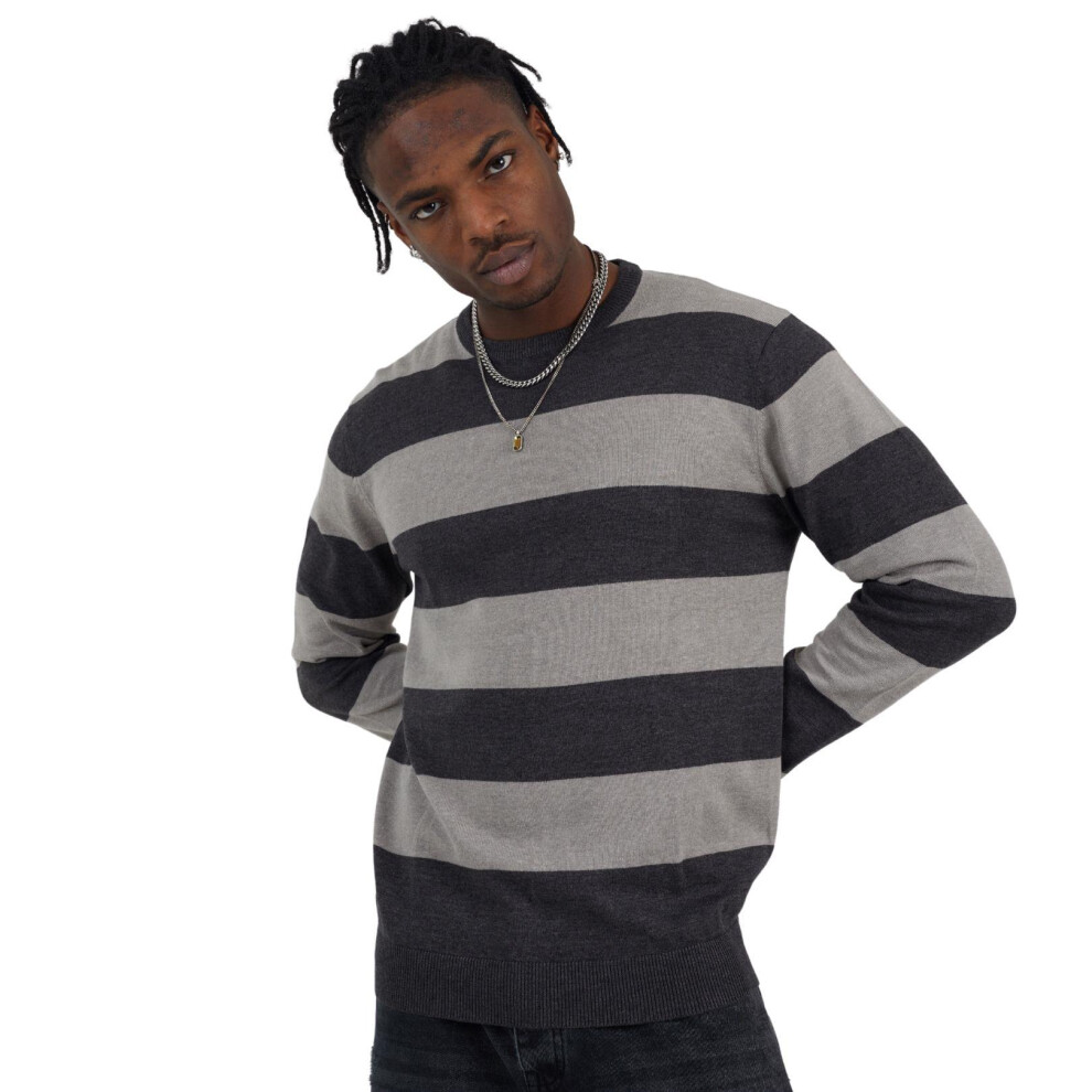 (Charcoal Grey, S) Mens Sweatshirt Pullover Crew Neck Striped Jumper