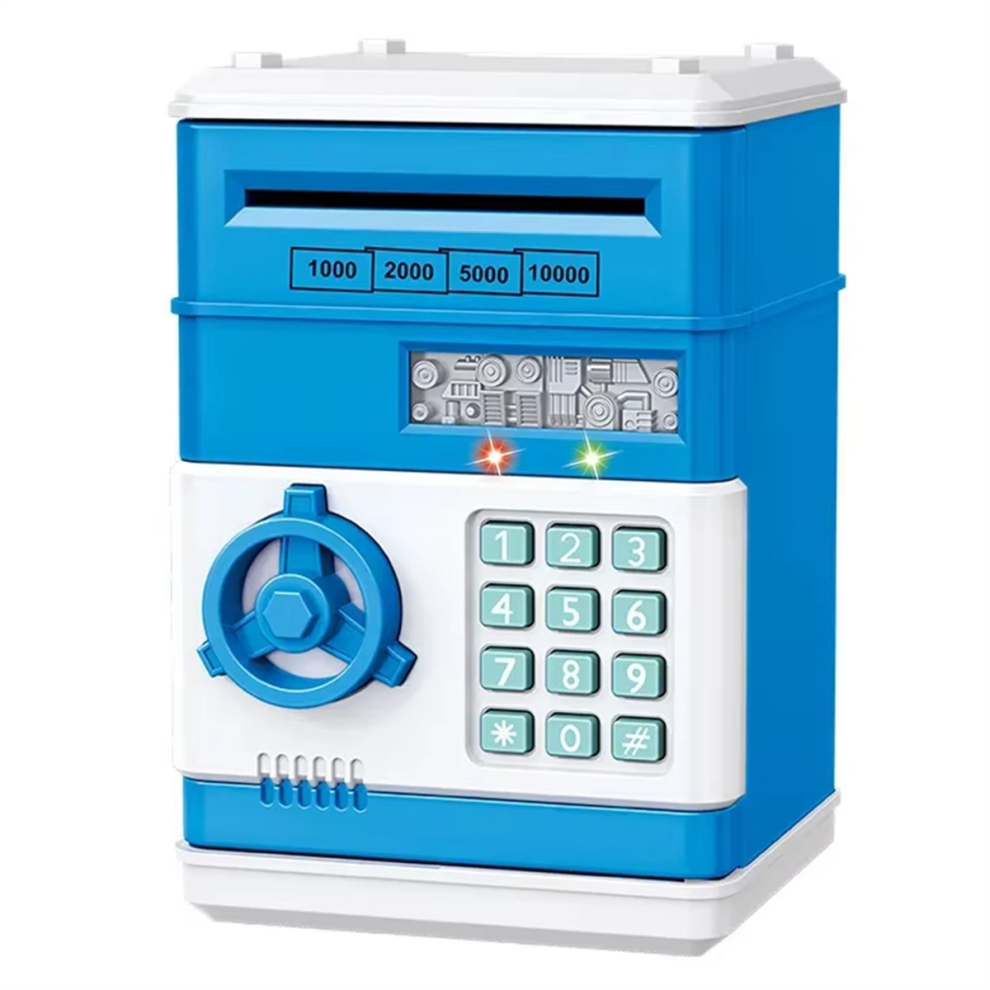 Tirelire Électronique Mini Coffre-Fort Automatique pour Pièces de Monnaie, Boîte D'Épargne avec Mot Passe et Serrure à Clé, Cadeau Enfants, Bleu