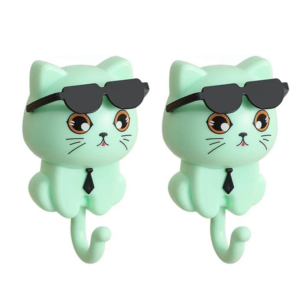 Crochet à Clés en Forme Chat,Porte-Clés pour Chat,Crochet Manteau Chaton,Crochet Collant Chat avec Lunettes Soleil,Mural Vert