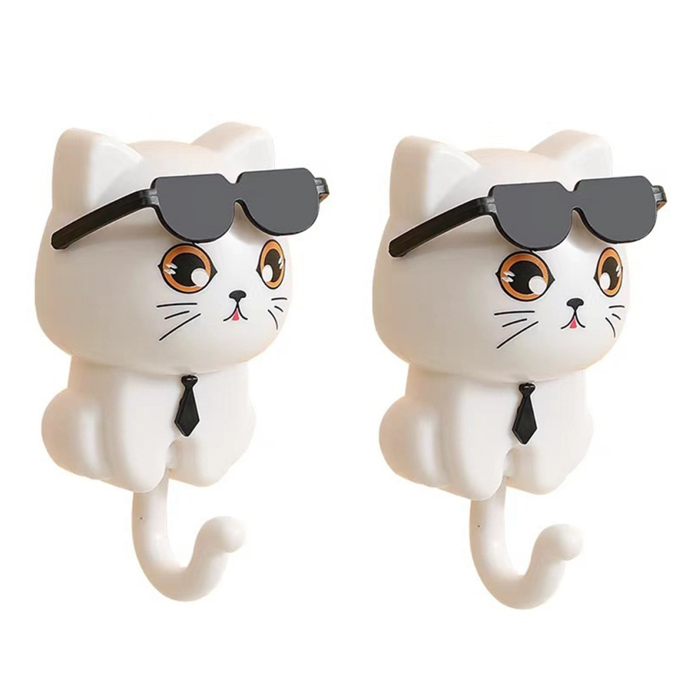 Crochet à Clés en Forme Chat,Porte-Clés pour Chat,Crochet Manteau Chaton,Crochet Collant Chat avec Lunettes Soleil,Mural Blanc